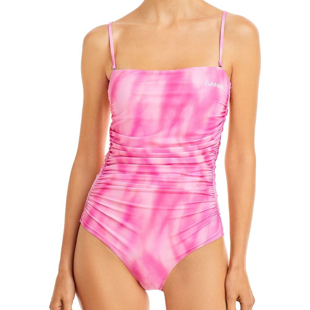 Ganni Women's Printed Ruched One Piece Swimsuit Pink M B4HP $215